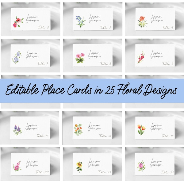 Printable Floral Place Cards, Wildflower Escort Card Templates, Flower Seating Cards, Spring Wedding Signage, Assorted Place Cards, Corjl