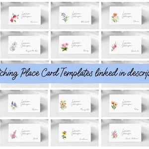 Puede incluir: Conjunto de 20 tarjetas de lugar imprimibles con ilustraciones florales de acuarela. Cada tarjeta tiene un dise&ntilde;o floral diferente y el texto "Lauren Johnson" con un nombre debajo.