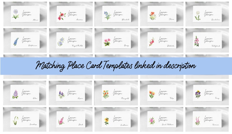 Puede incluir: Conjunto de 20 tarjetas de lugar imprimibles con ilustraciones florales de acuarela. Cada tarjeta tiene un dise&ntilde;o floral diferente y el texto "Lauren Johnson" con un nombre debajo.