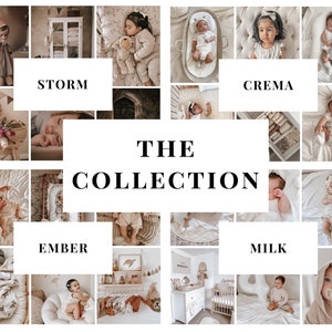 May include: A collage of images featuring babies in various poses and settings. The images are arranged in a grid pattern and labeled with the words "The Collection", "Ember", "Storm", "Crema", "Milk".