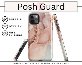 May include: A pink and gold marble phone case with a black trim. The case is shown from the front, side, and back. The case is designed to protect your phone from scratches and drops.