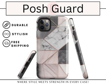 Puede incluir: Una funda para teléfono de mármol blanco y gris con detalles dorados y un diseño geométrico. La funda se muestra de frente y de lado. El texto "Posh Guard" está en la parte superior de la imagen.