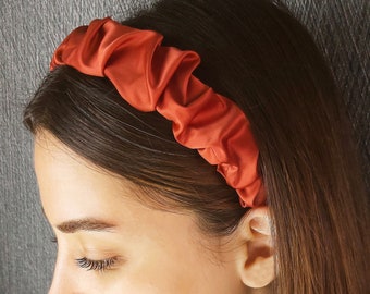 Handmade Scrunchies | Shiny Satin Pleated Crown | Brick Color Headband For Women | High-Quality Soft Fabric Ruffled Pleated Hair Accessory