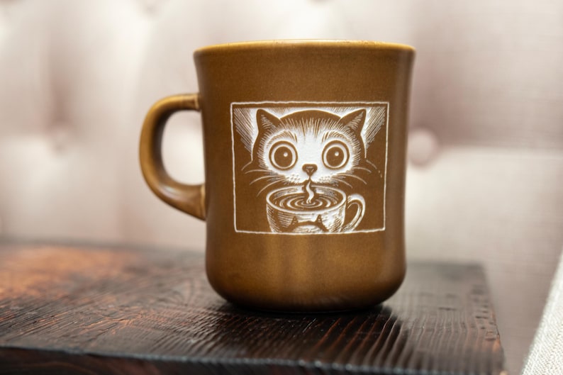 May include: A brown ceramic mug featuring a white graphic illustration of a cat with large eyes holding a small cup of steaming liquid. The mug has a smooth, matte finish and a curved handle on the left side, centred against a neutral background.