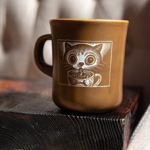 Caffeine Loving Cat Carved Ceramic Mug 14 oz image 6