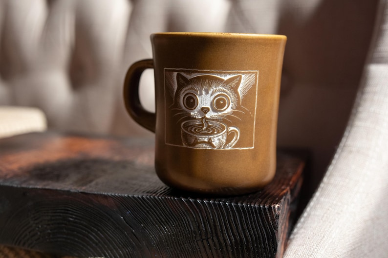 Caffeine Loving Cat Carved Ceramic Mug 14 oz image 6