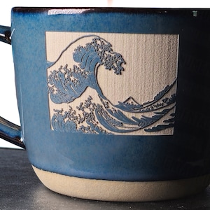 Mug Ceramic with Carved Wave Design by Hokusai 15oz