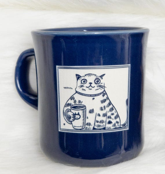 Caffeine Loving Cat Carved Ceramic Mug 14 oz
