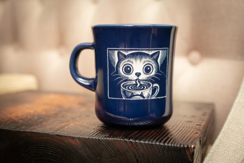 Caffeine Loving Cat Carved Ceramic Mug 14 oz CloseUpFace Blue