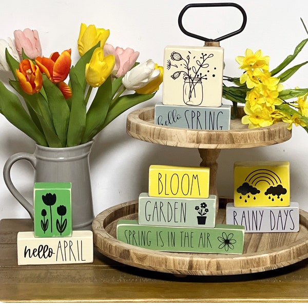 Spring wooden blocks tier tray decor Hello Spring/Spring is in the air/Bloom/Rainy days/Spring flowers Farmhouse tier tray