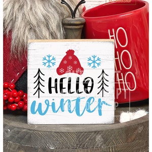 Hello Winter sign Home Tiered tray decor square sign Christmas Winter Snowflake Winter hat