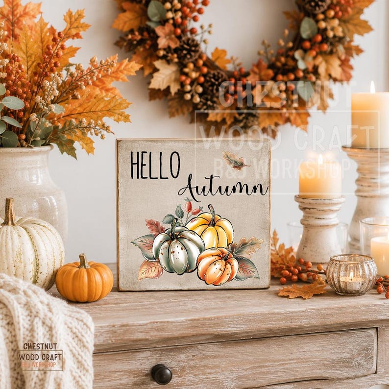 Hello Autumn Wooden Sign | Autumn Farmhouse Decor | Rustic Freestanding MDF Shelf Sitter | Handmade Fall Home Decoration image 1