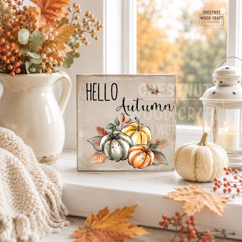 Hello Autumn Wooden Sign | Autumn Farmhouse Decor | Rustic Freestanding MDF Shelf Sitter | Handmade Fall Home Decoration image 3