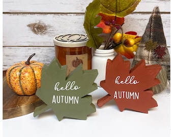 Hello Autumn Maple Leaf Wood Sign: Tiered Tray Decor