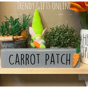 May include: A grey wooden sign with the words "Carrot Patch" in black lettering. A small orange carrot with green stems is attached to the right side of the sign. The sign is on a wooden shelf with a green gnome and a potted plant in the background.