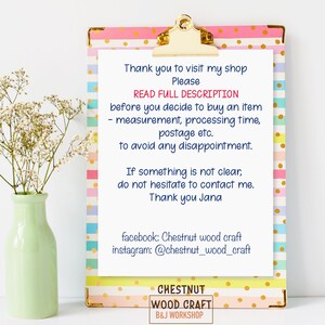 May include: A decorative clipboard with a gold clip holds a white paper with text. The text reads "Thank you to visit my shop" and other details. A light green vase with white flowers is on the left.