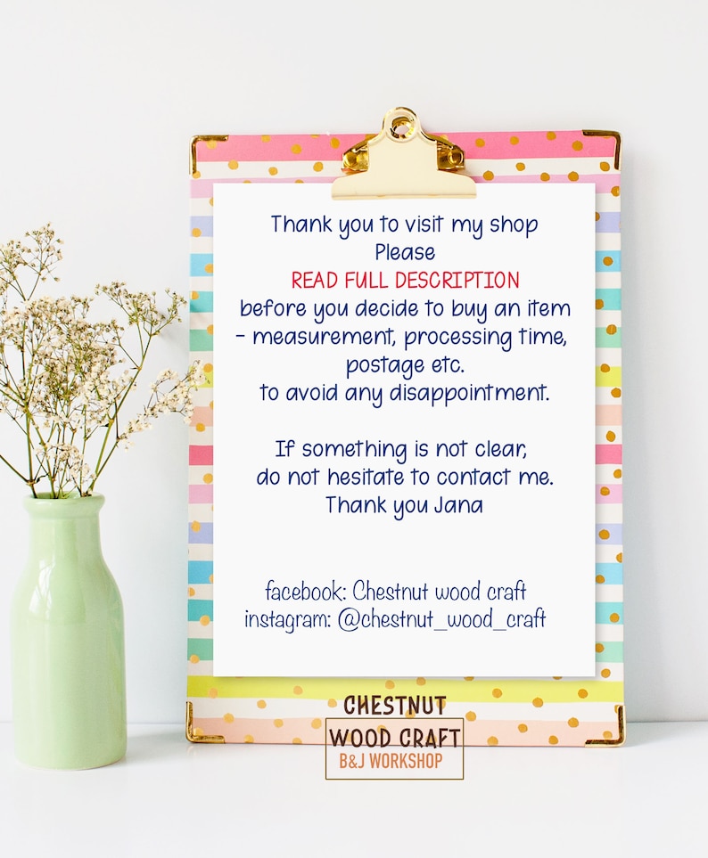 May include: A decorative clipboard with a gold clip holds a white paper with text. The text reads "Thank you to visit my shop" and other details. A light green vase with white flowers is on the left.