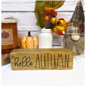 May include: A wooden block sign with the words "hello AUTUMN" in black script. The sign is part of a fall-themed display, including a pumpkin-shaped candle, a ceramic pumpkin, and a gnome.