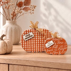 May include: Two flat wooden pumpkin decorations with raffia stems. The larger pumpkin features an orange and white gingham pattern, while the smaller one is orange with white text reading "cosy season" and "Blessings". Both have "cosy season" tags.