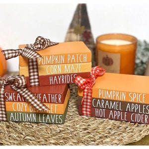 Autumn wood book stack Tier tray decor Pumpkin patch/Sweater weather/Pumpkin spice Autumn Fall home decor