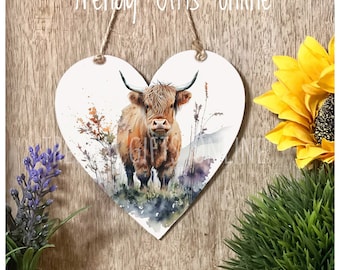 Highland cow 12cm Decoupaged Wooden Heart plaque/sign Handmade Home decor Farmhouse decor Farm animals