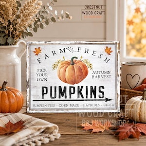 Farm Fresh Pumpkins Sign | Rustic Autumn Farmhouse Decor | Pumpkin Patch Sign | Freestanding MDF Fall Shelf Sitter | Cozy Harvest Decor