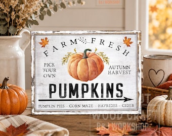 Farm Fresh Pumpkins Sign | Rustic Autumn Farmhouse Decor | Pumpkin Patch Sign | Freestanding MDF Fall Shelf Sitter | Cozy Harvest Decor