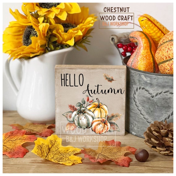 Autumn/Fall sign "Hello Autumn" freestanding sign Home Tiered tray decoration mini square sign