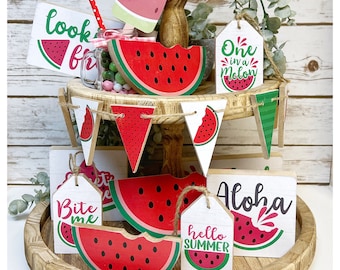 Summer watermelon wooden sign Bunting flags Watermelon slice Popsicle Tiered tray decor summer party