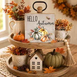 Hello Autumn Wooden Sign | Autumn Farmhouse Decor | Rustic Freestanding MDF Shelf Sitter | Handmade Fall Home Decoration image 2