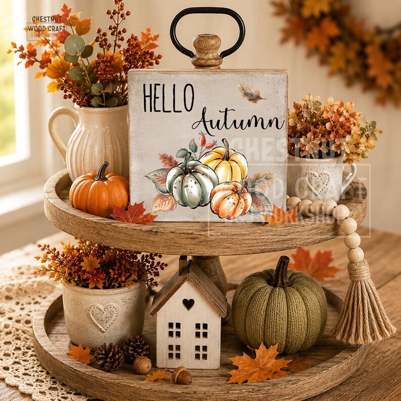 Hello Autumn Wooden Sign | Autumn Farmhouse Decor | Rustic Freestanding MDF Shelf Sitter | Handmade Fall Home Decoration image 2