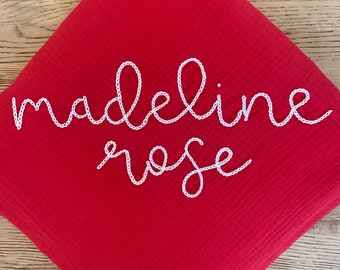 RED - Custom Hand Embroidered Personalized Cotton Muslin Swaddle, Baby Name Announcement, Baby Gift, Nursery Decor