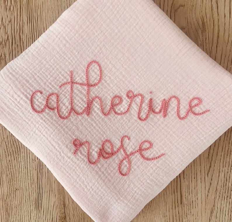 BABY PINK Custom Hand Embroidered Personalized Cotton Muslin Swaddle, Baby Name Announcement, Baby Shower Gift, Nursery Decor image 5