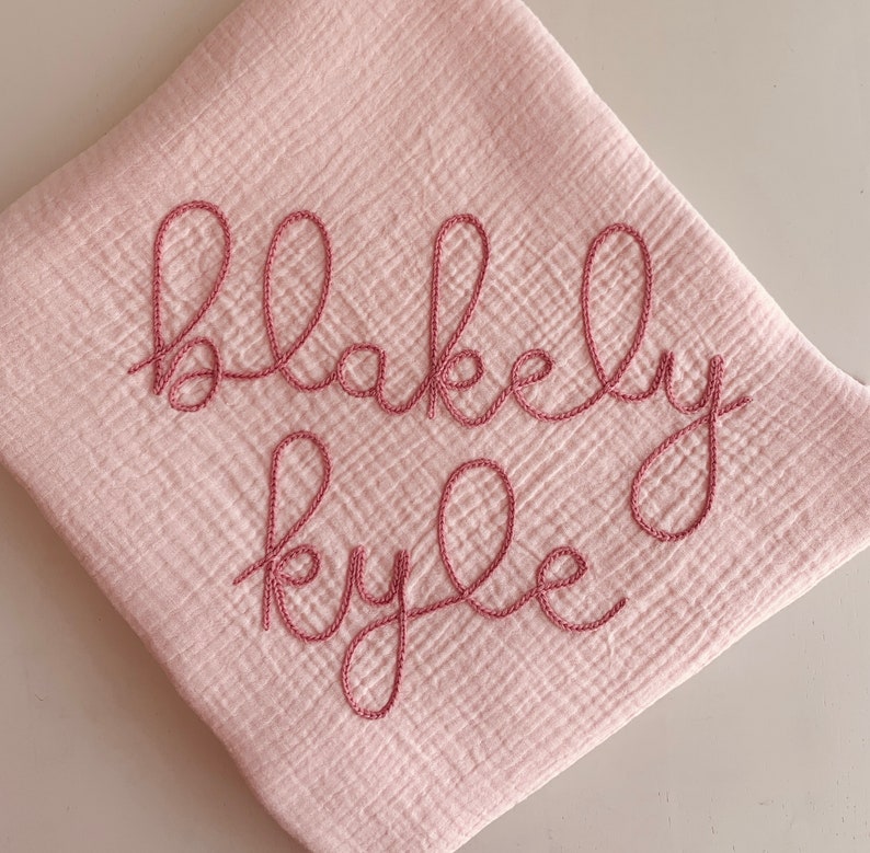 BABY PINK Custom Hand Embroidered Personalized Cotton Muslin Swaddle, Baby Name Announcement, Baby Shower Gift, Nursery Decor image 8