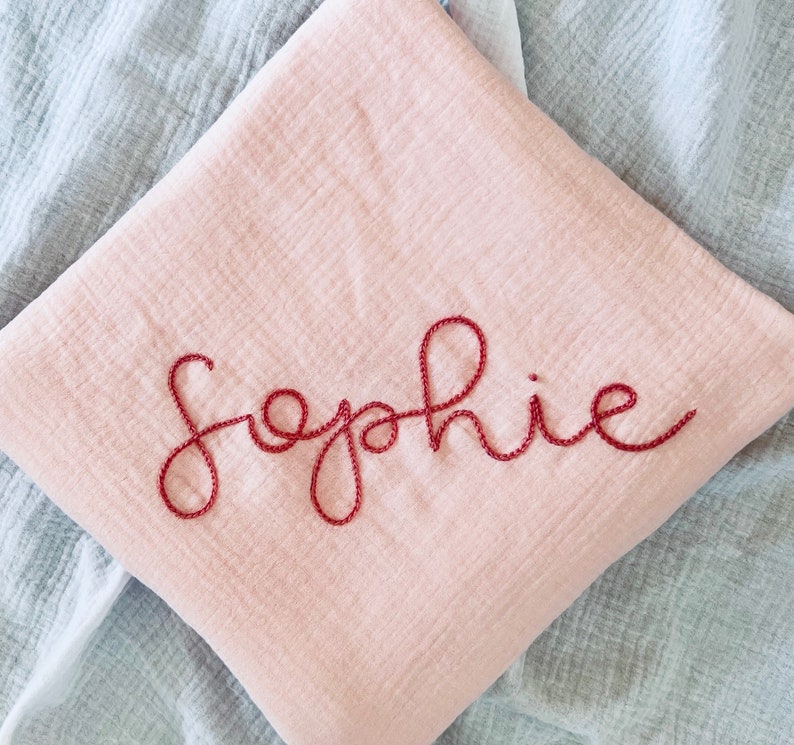 BABY PINK Custom Hand Embroidered Personalized Cotton Muslin Swaddle, Baby Name Announcement, Baby Shower Gift, Nursery Decor image 9