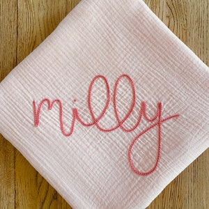 BABY PINK Custom Hand Embroidered Personalized Cotton Muslin Swaddle, Baby Name Announcement, Baby Shower Gift, Nursery Decor image 1