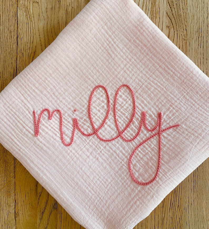 BABY PINK Custom Hand Embroidered Personalized Cotton Muslin Swaddle, Baby Name Announcement, Baby Shower Gift, Nursery Decor image 1