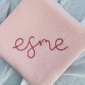 BABY PINK Custom Hand Embroidered Personalized Cotton Muslin Swaddle, Baby Name Announcement, Baby Shower Gift, Nursery Decor image 10
