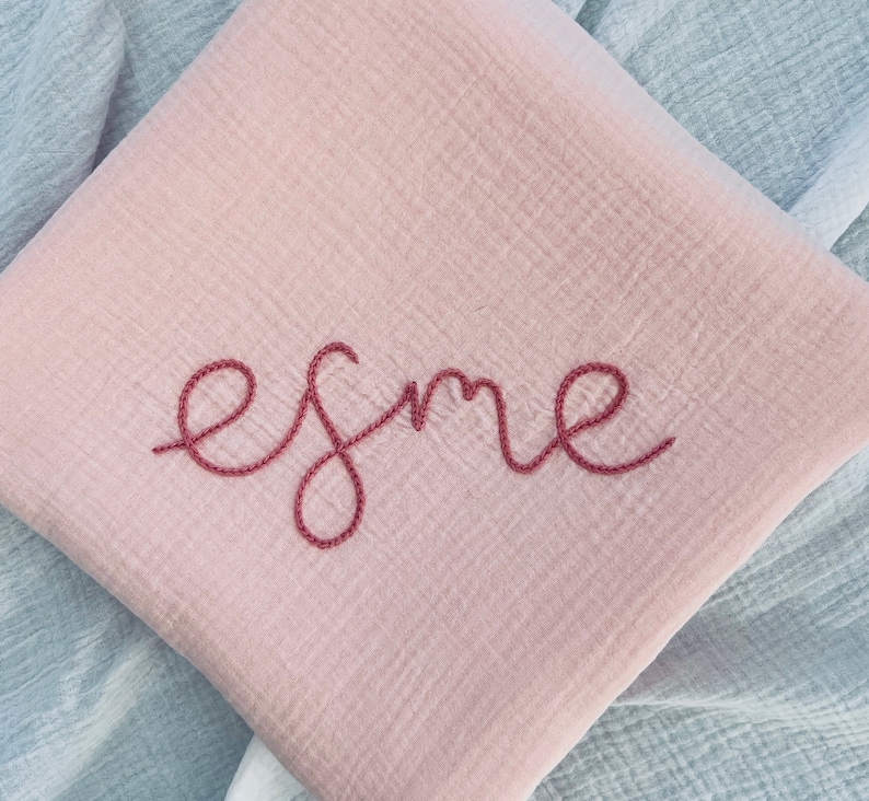 BABY PINK Custom Hand Embroidered Personalized Cotton Muslin Swaddle, Baby Name Announcement, Baby Shower Gift, Nursery Decor image 10