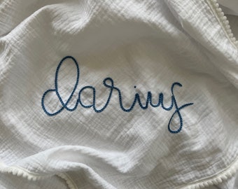 WHITE POM POM - Custom Hand Embroidered Personalized Cotton Muslin Swaddle, Baby Name Announcement, Baby Gift, Nursery Decor