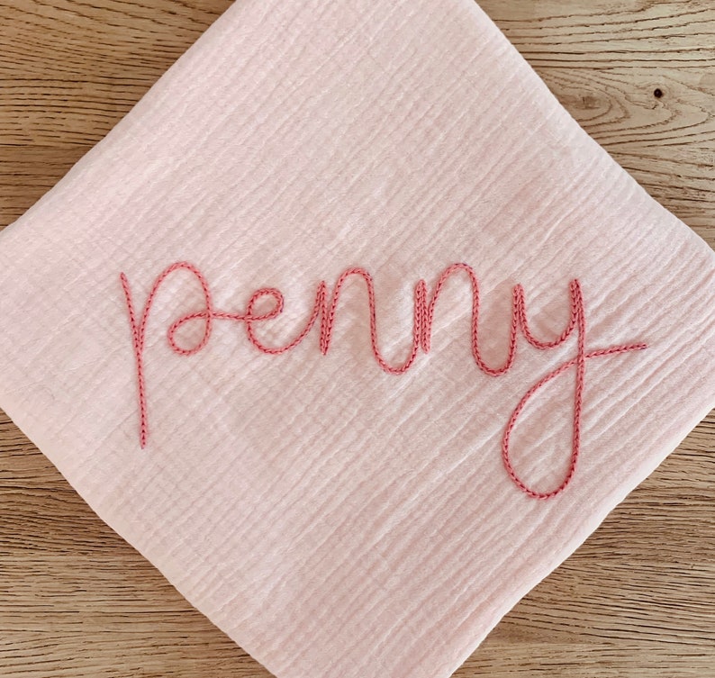 BABY PINK Custom Hand Embroidered Personalized Cotton Muslin Swaddle, Baby Name Announcement, Baby Shower Gift, Nursery Decor image 6