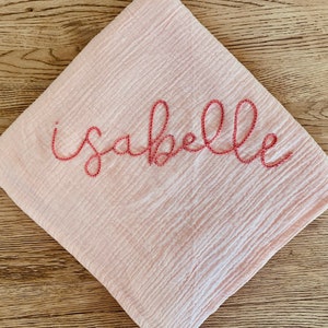 BABY PINK Custom Hand Embroidered Personalized Cotton Muslin Swaddle, Baby Name Announcement, Baby Shower Gift, Nursery Decor image 4