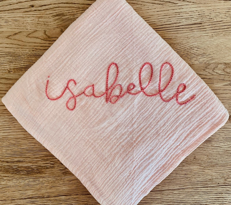 BABY PINK Custom Hand Embroidered Personalized Cotton Muslin Swaddle, Baby Name Announcement, Baby Shower Gift, Nursery Decor image 4