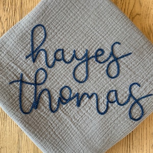 GRAY - Custom Hand Embroidered Personalized Cotton Muslin Swaddle, Baby Name Announcement, Baby Gift, Nursery Decor
