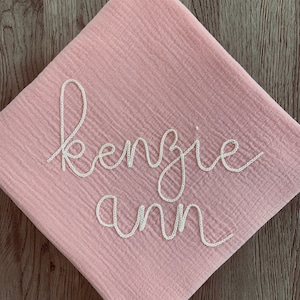 PEACH - Custom Hand Embroidered Personalized Cotton Muslin Swaddle, Baby Name Announcement, Baby Gift, Nursery Decor