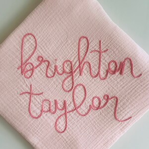 BABY PINK Custom Hand Embroidered Personalized Cotton Muslin Swaddle, Baby Name Announcement, Baby Shower Gift, Nursery Decor image 7