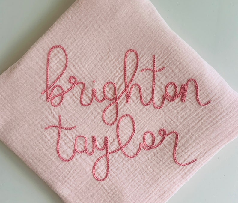 BABY PINK Custom Hand Embroidered Personalized Cotton Muslin Swaddle, Baby Name Announcement, Baby Shower Gift, Nursery Decor image 7