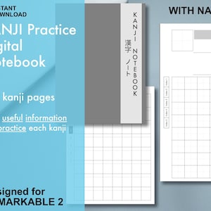 Può includere: Un quaderno digitale progettato per il tablet Remarkable 2, con 320 pagine per esercitarsi con i kanji. Il quaderno ha una copertina grigia con il testo "KANJI NOTEBOOK" e "漢字 ノート" in giapponese. Il quaderno include collegamenti di navigazione per un facile accesso alle diverse pagine.