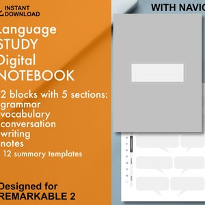 Può includere: Un quaderno digitale progettato per il tablet Remarkable 2. Il quaderno è grigio con una barra del titolo bianca e contiene 12 blocchi con 5 sezioni: grammatica, vocabolario, conversazione, scrittura e note. Il quaderno include anche 12 modelli di riepilogo. L'immagine mostra una pagina di esempio con una barra di navigazione a sinistra e una sezione per scrivere a destra.
