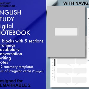 Può includere: Un quaderno digitale progettato per il tablet Remarkable 2. Il quaderno ha 12 blocchi con 5 sezioni: grammatica, vocabolario, conversazione, scrittura e note. Include anche 12 modelli di riepilogo e un elenco di verbi irregolari. Il quaderno ha una copertina grigia con il testo "English Study Digital Notebook" e "Instant Download" sul davanti.